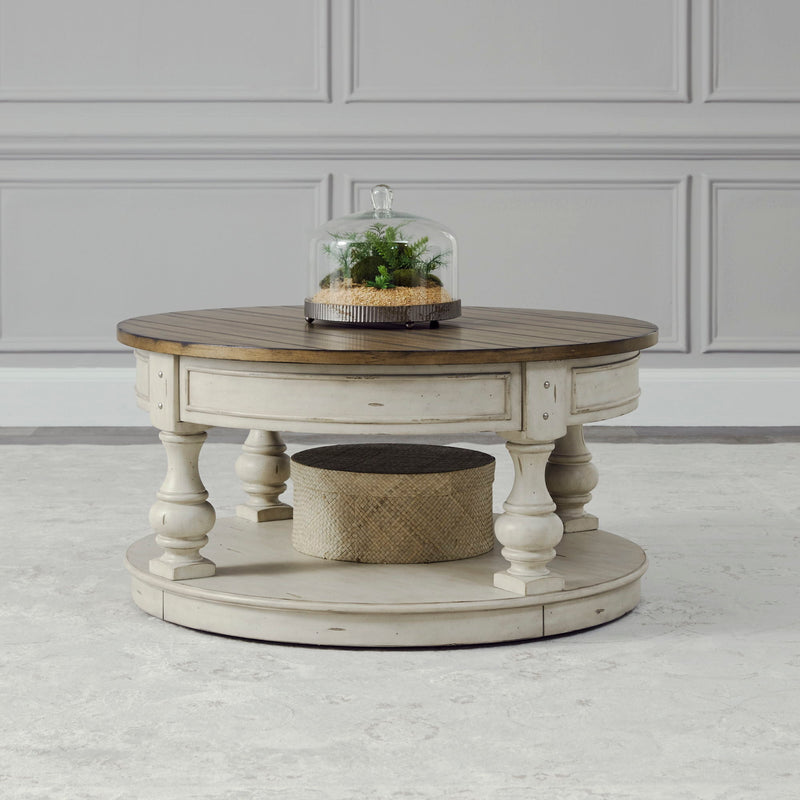 Morgan Creek - Round Cocktail Table - Antique White / Wirebrushed Tobacco Accents