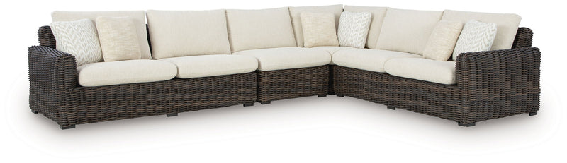Kimora - 4 Pc. - 4-Piece Outdoor Sectional, Swivel Glider Lounge, Cocktail Table, End Table - Beige / Dark Brown